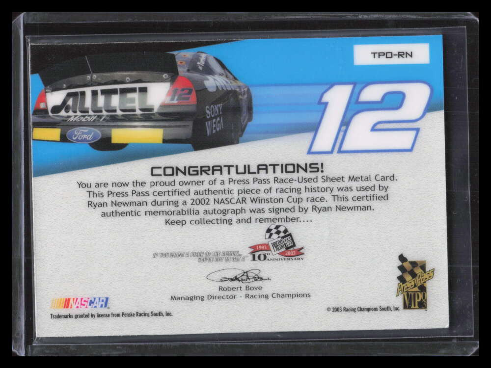 2003 VIP Tradin' Paint Driver Autographs RN Ryan Newman Sheet Metal Auto 10/12