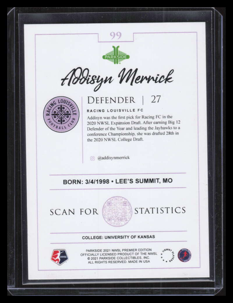 2021 Parkside NWSL Premier Edition Chrome 99 Addisyn Merrick Rookie 1/1