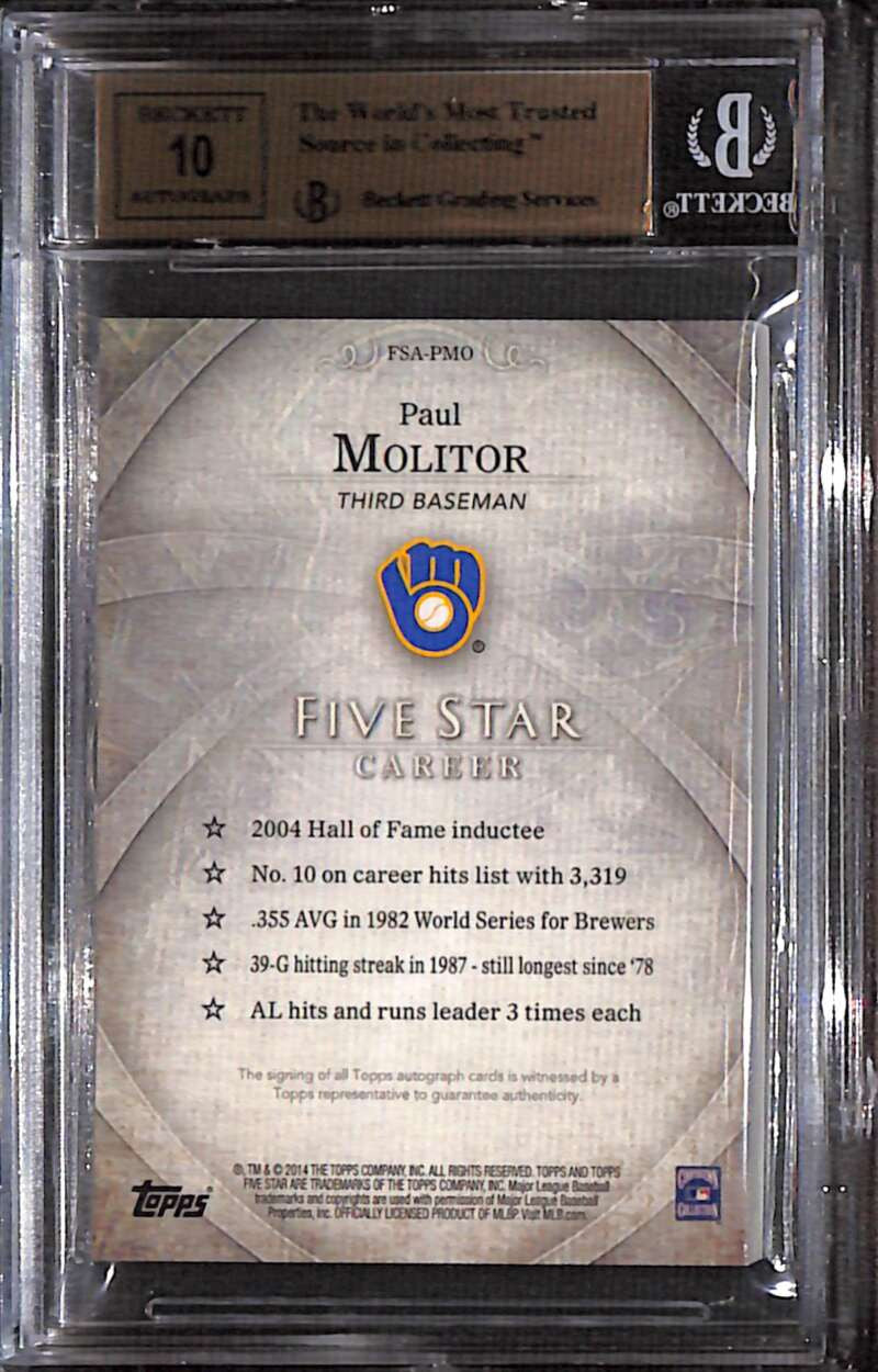 2014 Topps Five Star Autographs Rainbow FSAPMO Paul Molitor Auto 20/25 BGS 9.5