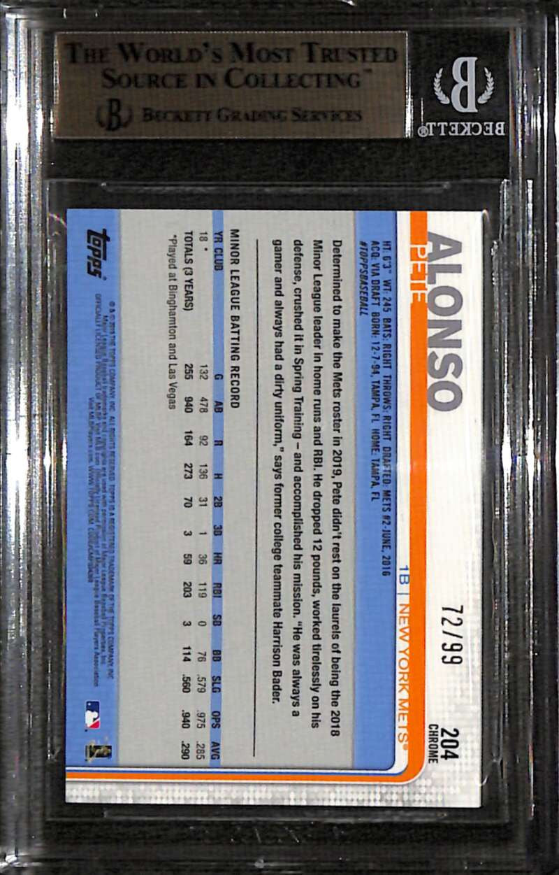 2019 Topps Chrome Green Wave Refractor 204 Pete Alonso RC 72/99 BGS 10 PRISTINE