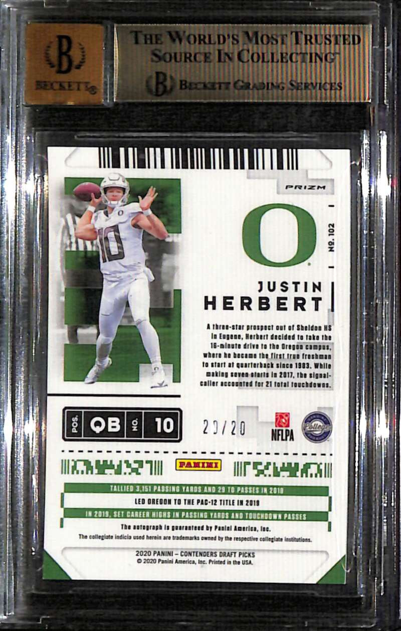 2020 Panini Contenders Draft Optic Hyper Justin Herbert RC Auto 20/20 BGS 9.5 10