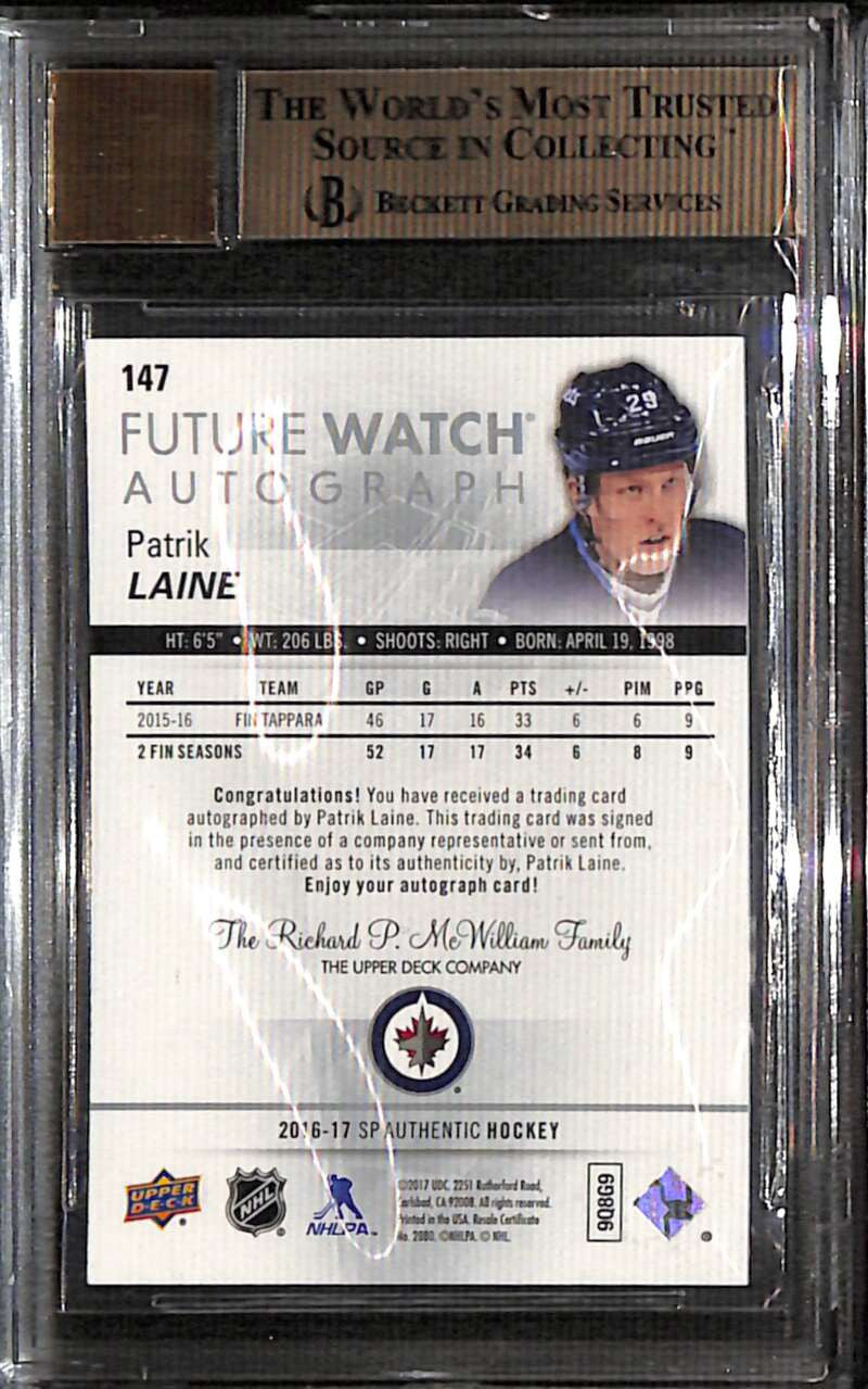2016-17 SP Authentic 147 Patrik Laine Rookie Auto 419/999 Future Watch BGS 9.5