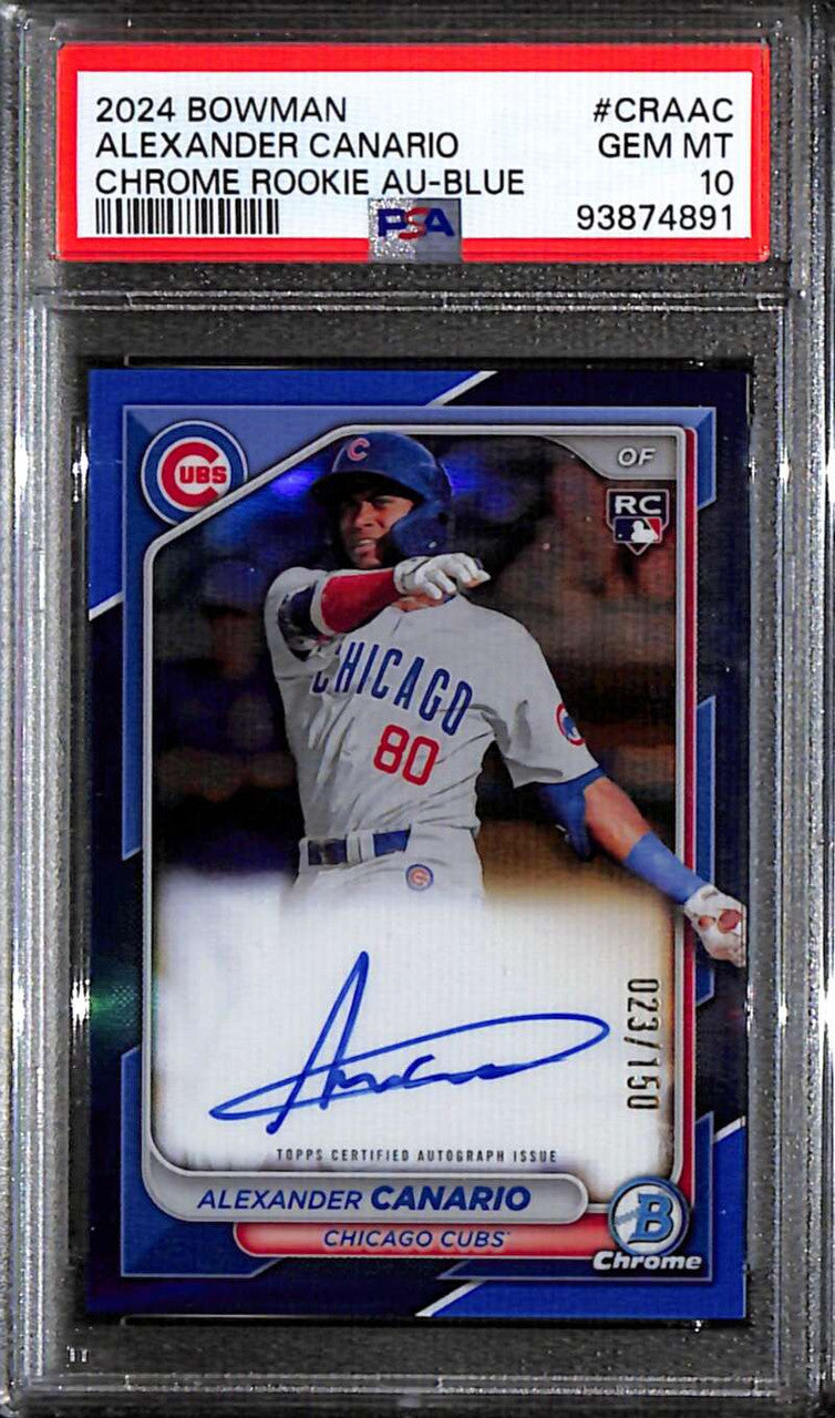 2024 Bowman Chrome Blue Refractor Alexander Canario Rookie Auto 23/150 PSA 10