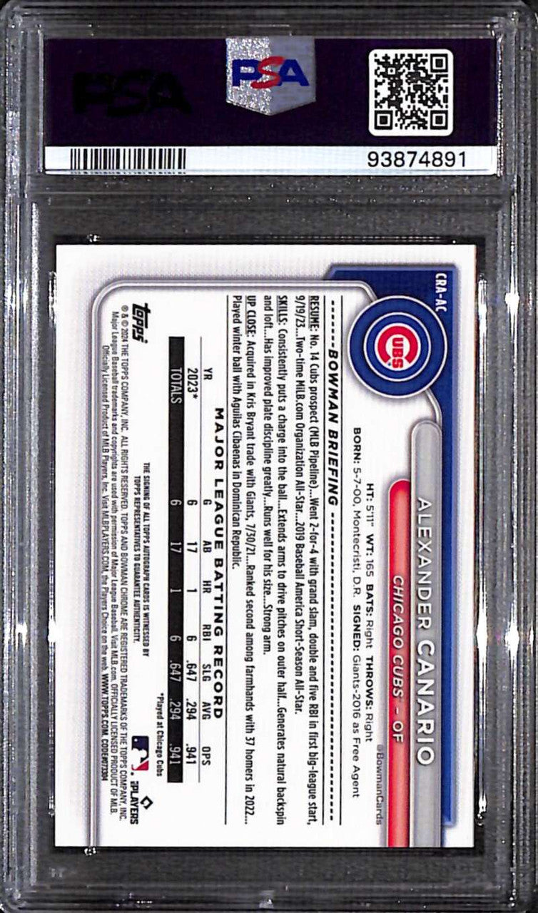 2024 Bowman Chrome Blue Refractor Alexander Canario Rookie Auto 23/150 PSA 10