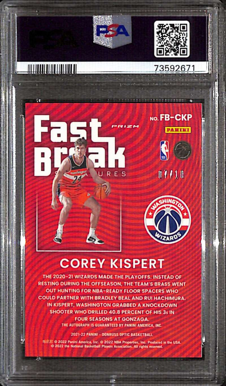 2021 Donruss Optic Fast Break Signatures Gold Corey Kispert RC Auto 7/10 PSA 10