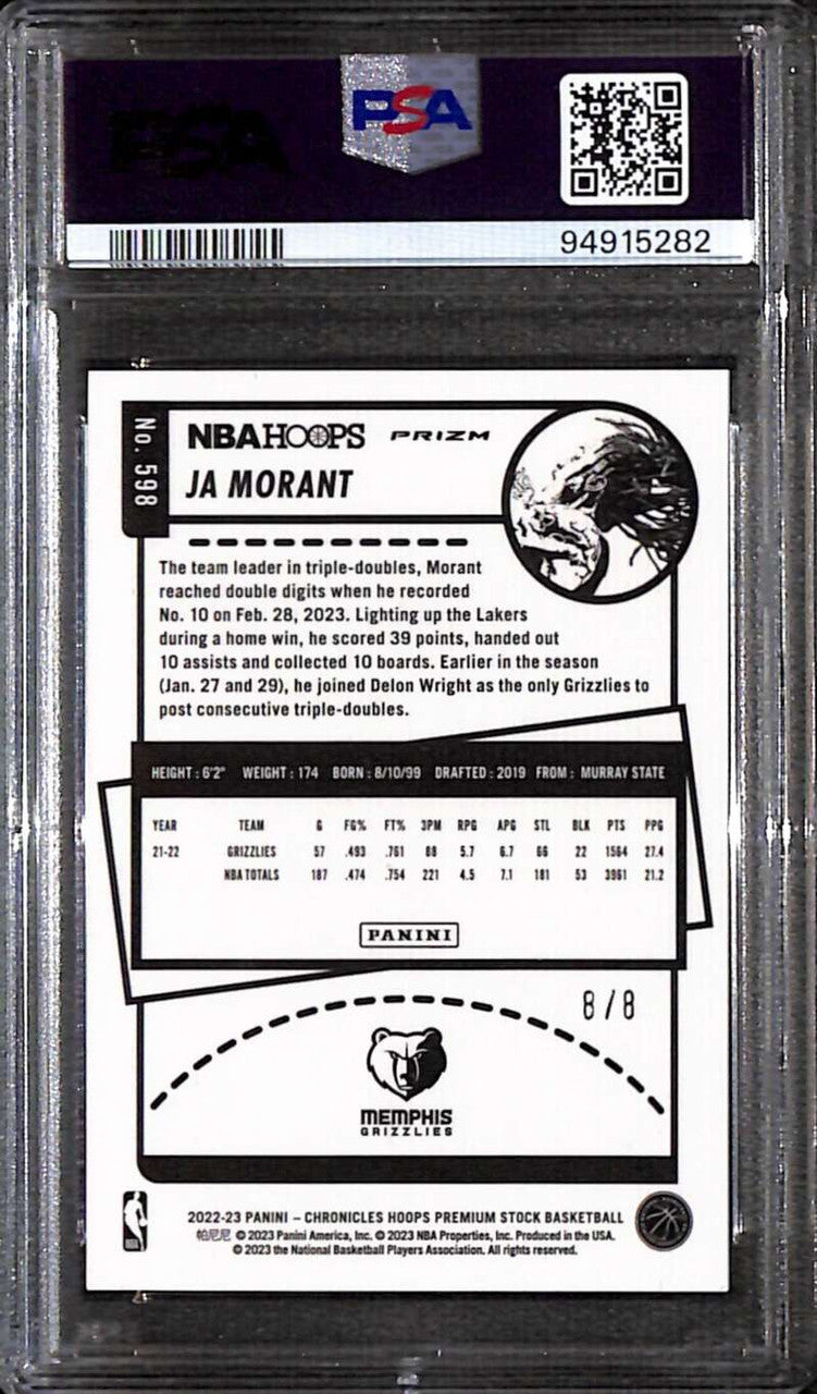 2022-23 Panini Chronicles Lucky Envelopes 598 Ja Morant Premium Stock 8/8 PSA 9