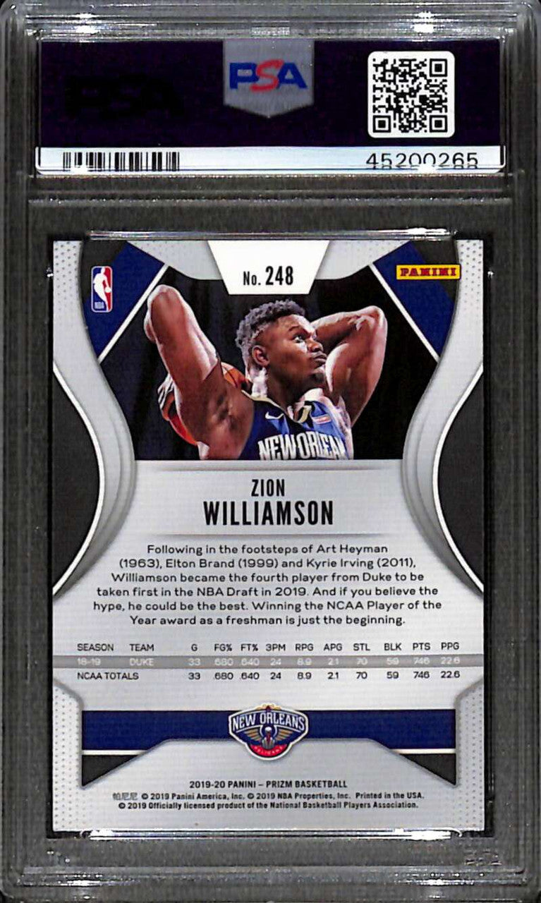 2019-20 Panini Prizm 248 Zion Williamson Rookie PSA 10 GEM MT 45200265