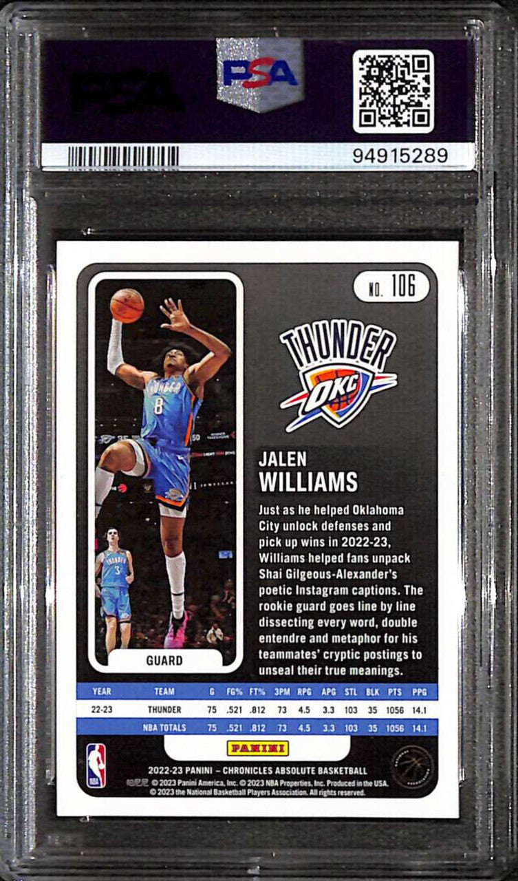 2022-23 Panini Chronicles Asia Jade 106 Jalen Williams Absolute RC 12/18 PSA 10