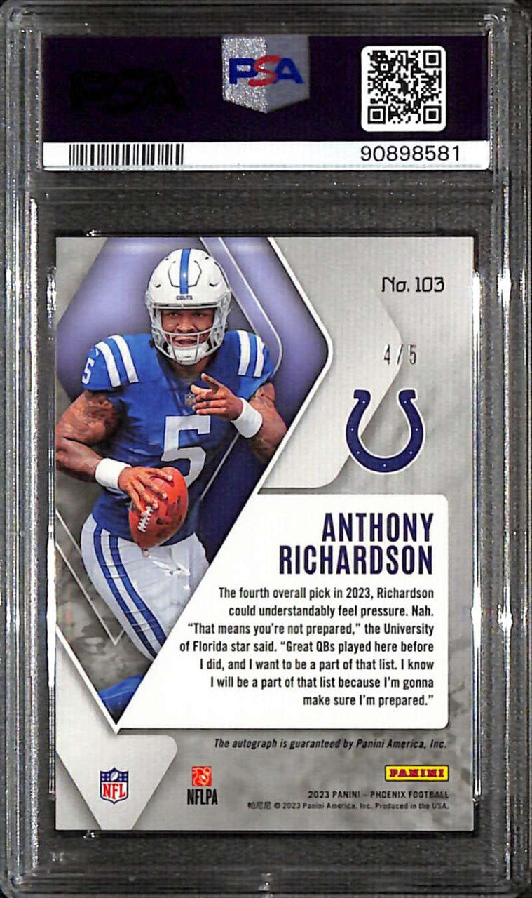 2023 Panini Phoenix Autograph Black 103 Anthony Richardson Rookie Auto 4/5 PSA 8