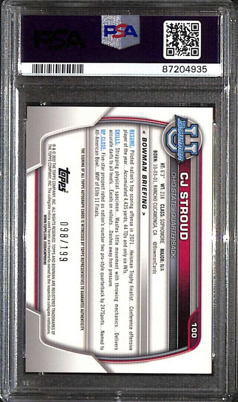 2022 Bowman Chrome U Autographs Lava Refractor 100 CJ Stroud RC Auto /199 PSA 10