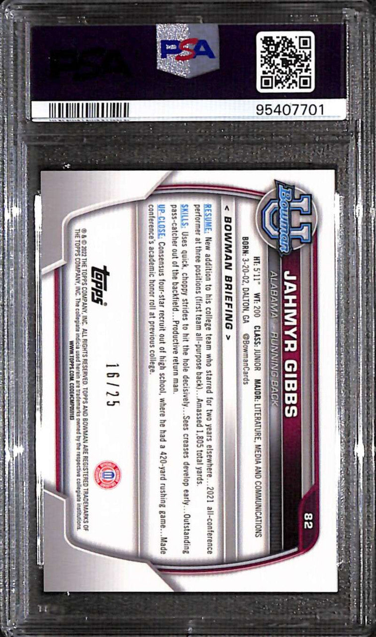 2022 Bowman Chrome University Orange Refractor 82 Jahmyr Gibbs RC 16/25 PSA 8