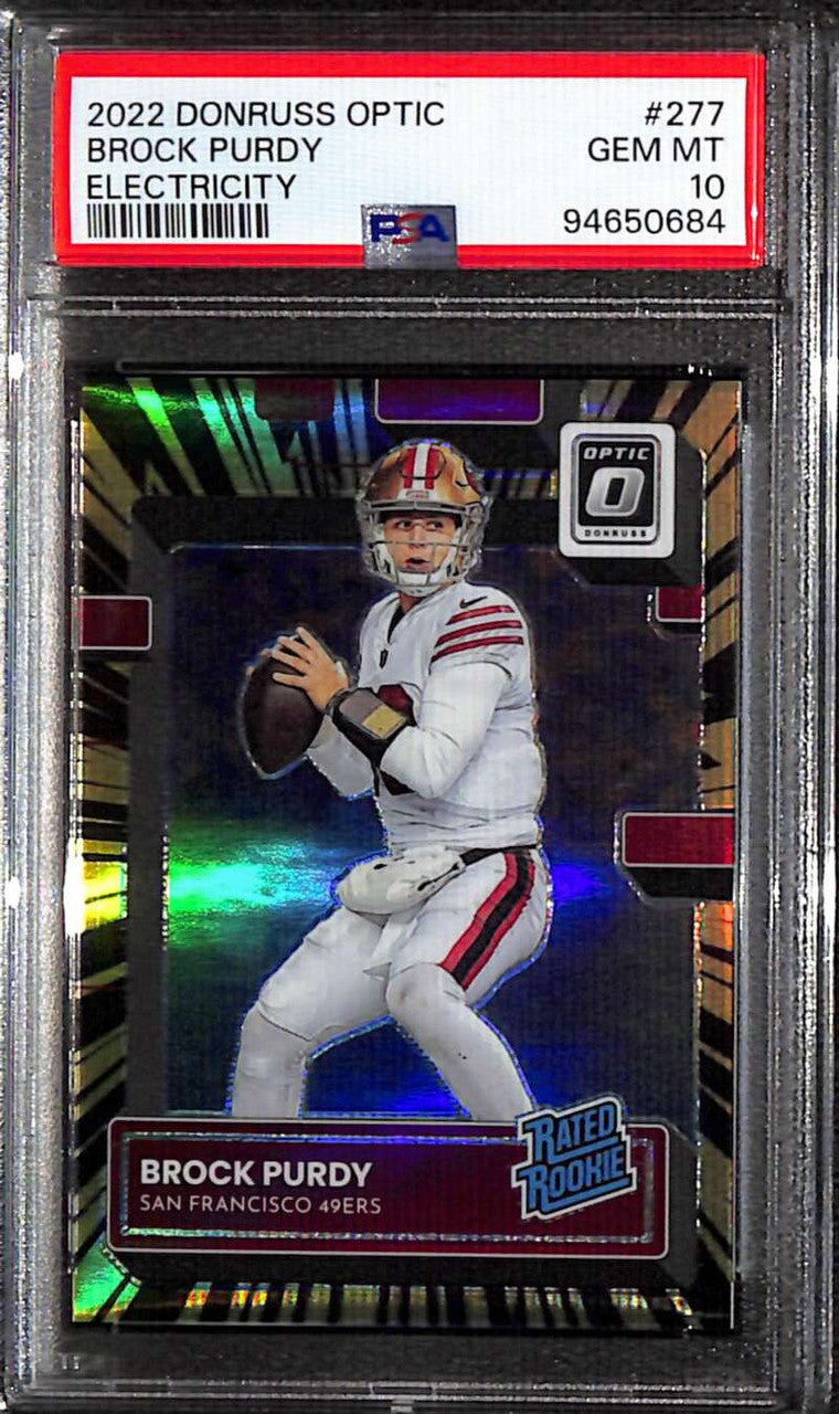2022 Donruss Optic Electricity 277 Brock Purdy RR Rated Rookie 25/65 PSA 10