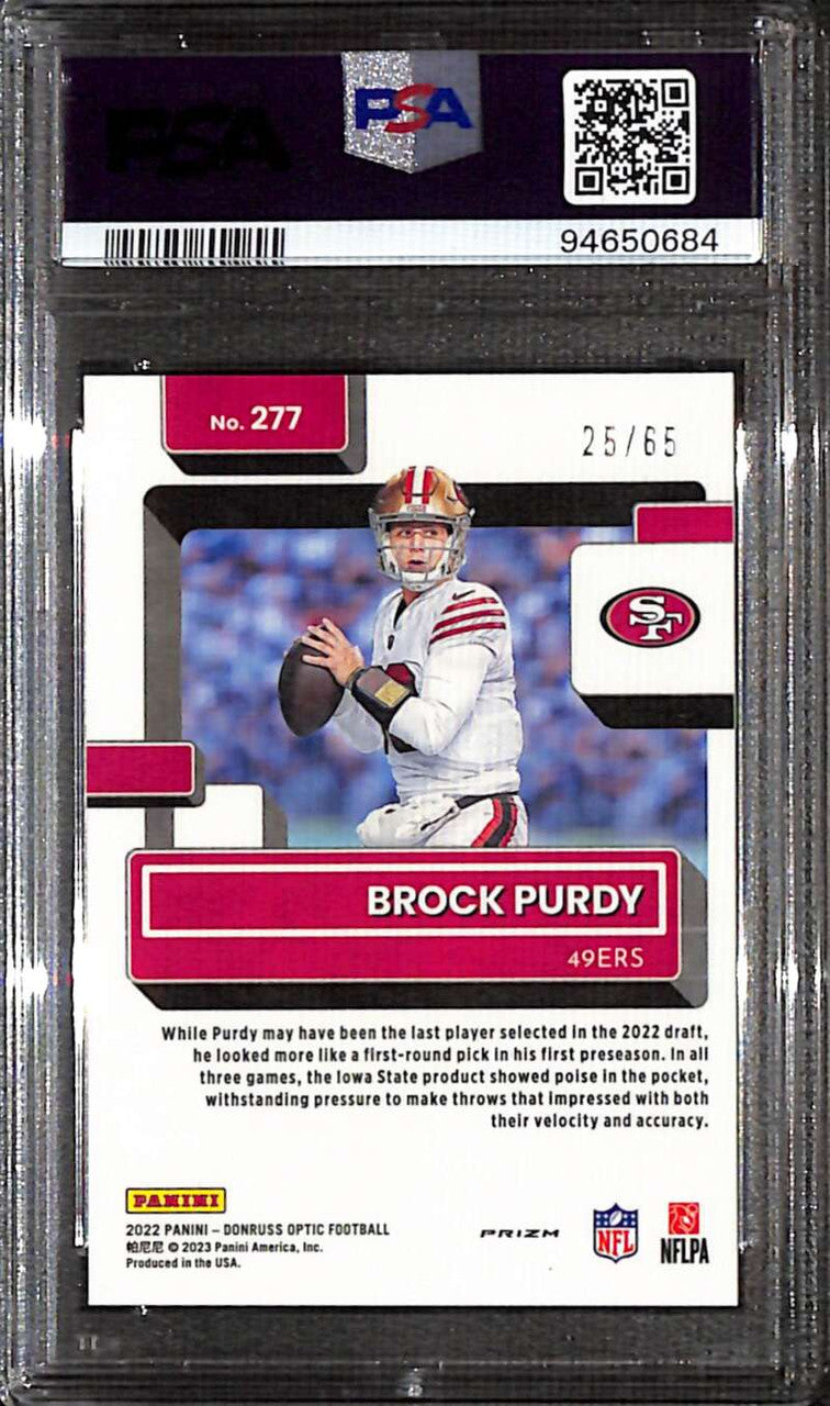 2022 Donruss Optic Electricity 277 Brock Purdy RR Rated Rookie 25/65 PSA 10