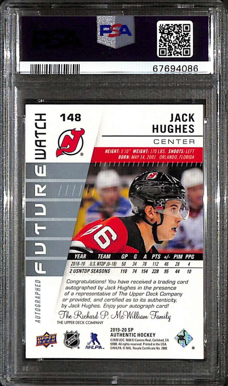 2019-20 SP Authentic 148 Jack Hughes Rookie Auto 861/999 Future Watch PSA 9