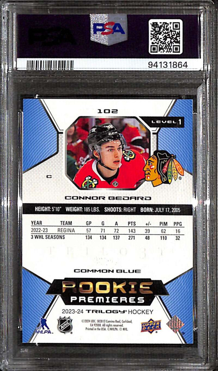 2023-24 Upper Deck Trilogy Blue 102 Connor Bedard Rookie 35/99 PSA 9 MINT