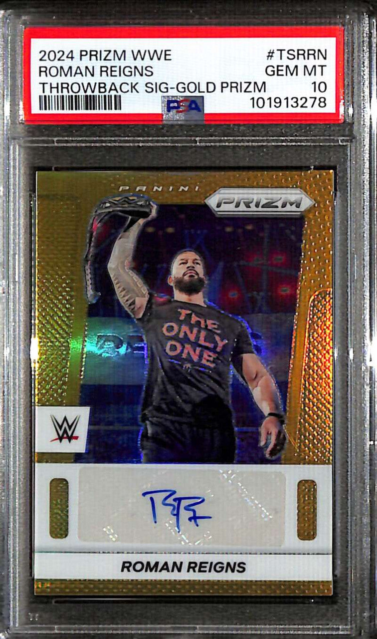 SOLD 158892 2024 Panini Prizm WWE Throwback Signatures Gold Roman Reigns Auto 5/10 PSA 10