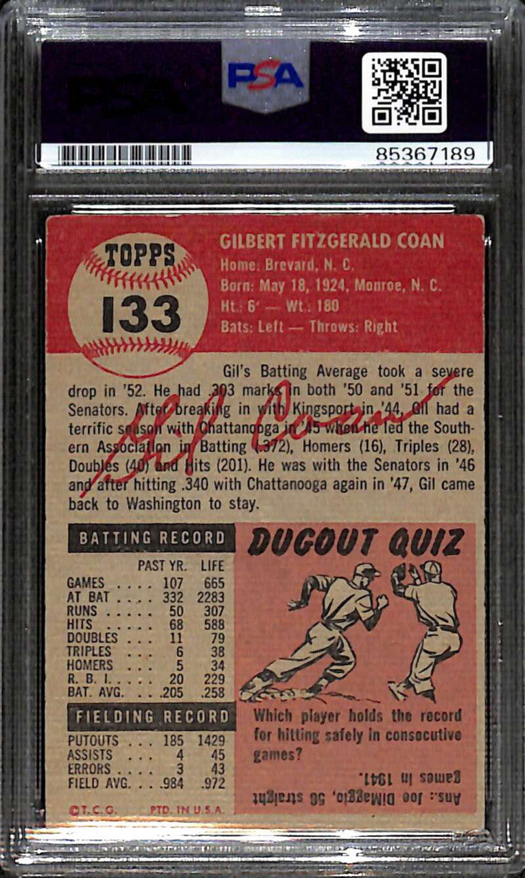 1953 Topps 133 Gil Coan PSA/DNA Authentic Auto