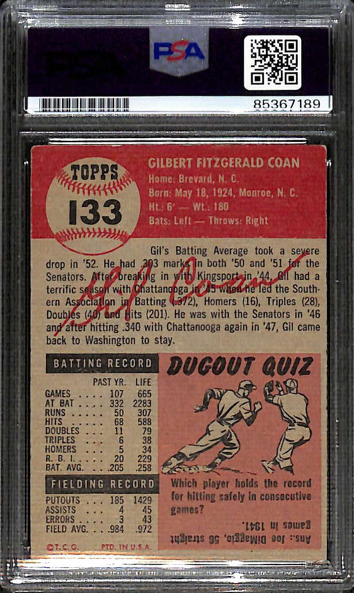 1953 Topps 133 Gil Coan PSA/DNA Authentic Auto