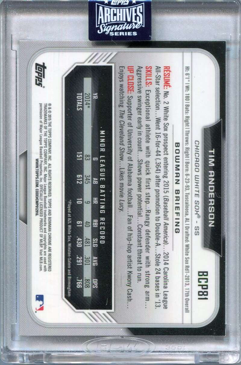 2020 Topps Archives Signature Series Tim Anderson Auto 3/20 2015 Bowman Chrome