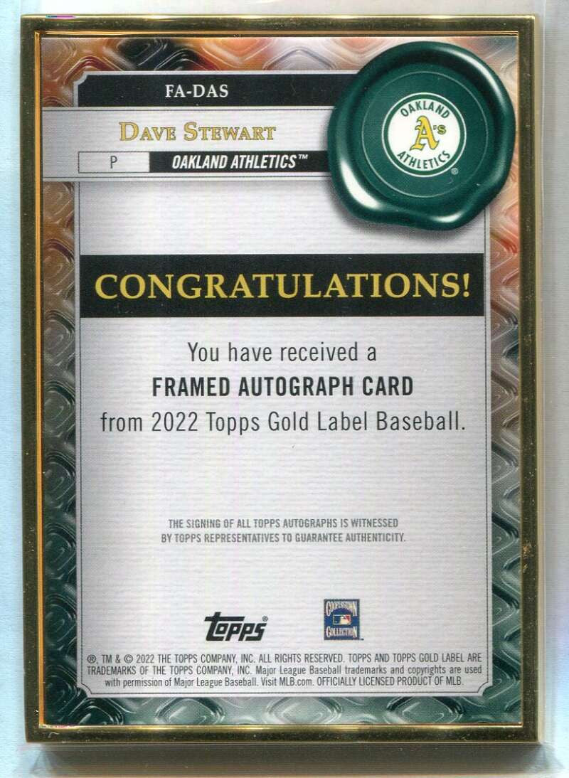 2022 Topps Gold Label Framed Autographs Blue FADAS Dave Stewart Auto 33/50
