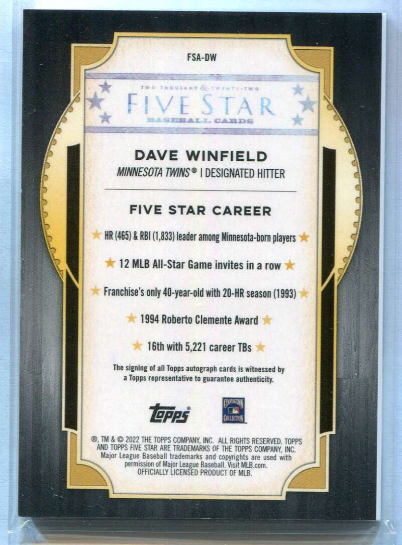 DELETE 159093 2022 Topps Five Star Autographs Blue FSADW Dave Winfield Auto 13/25