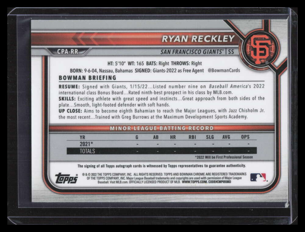 2022 Bowman Chrome Autographs Speckle Refractor Ryan Reckley Rookie Auto 217/299