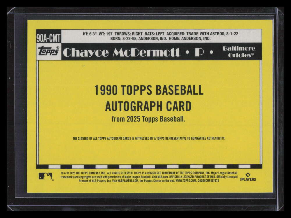 2025 Topps '90 Topps Autographs 90acmt Chayce McDermott Rookie Auto