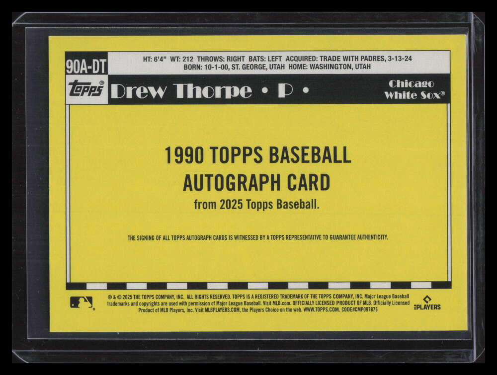 2025 Topps '90 Topps Autographs 90adt Drew Thorpe Rookie Auto