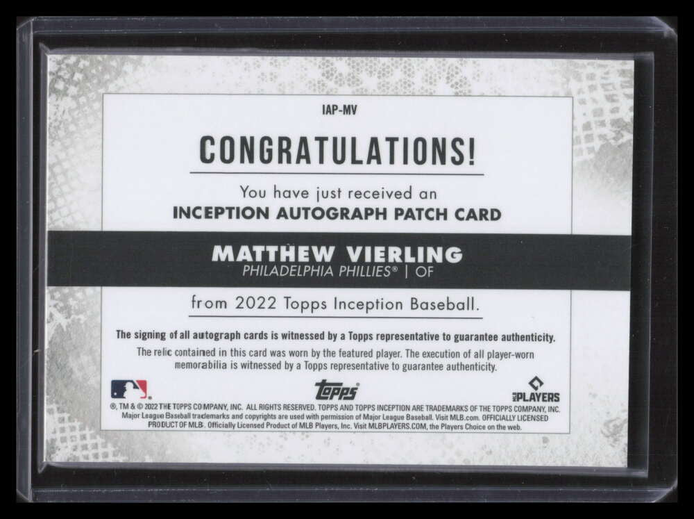 2022 Topps Inception Autographs IAPMV Matthew Vierling Rookie Patch Auto 68/249