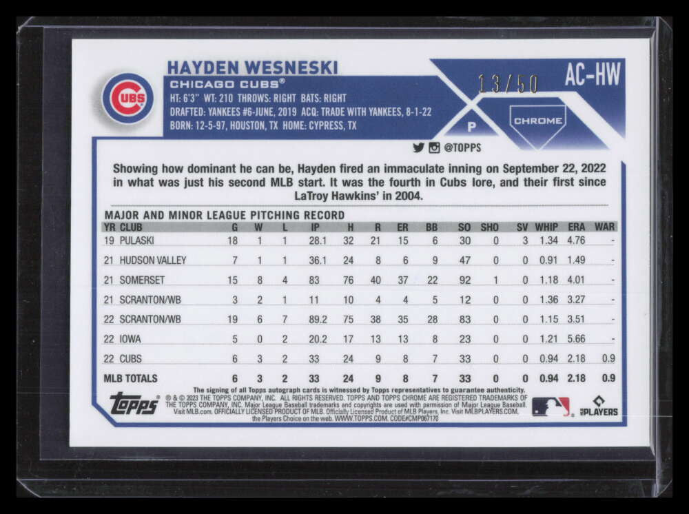 2023 Topps Chrome Update Autographs Gold Refractor Hayden Wesneski RC Auto 13/50