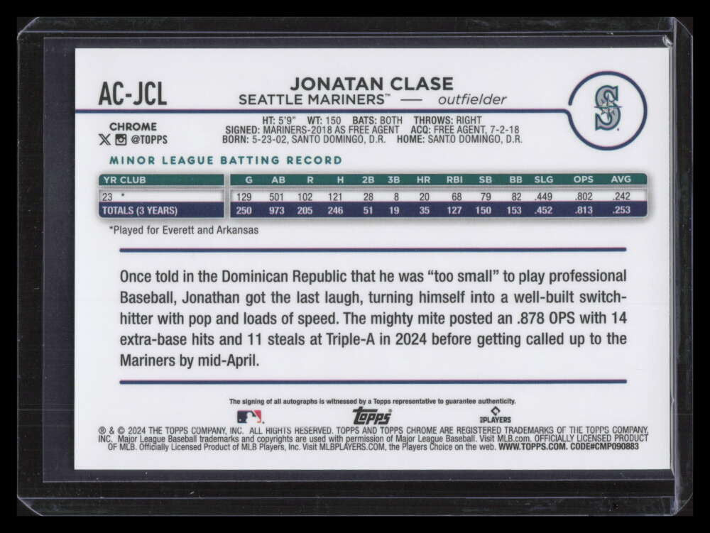 2024 Topps Chrome Autographs Mini-Diamond Refractor Jonathan Clase Rookie Auto