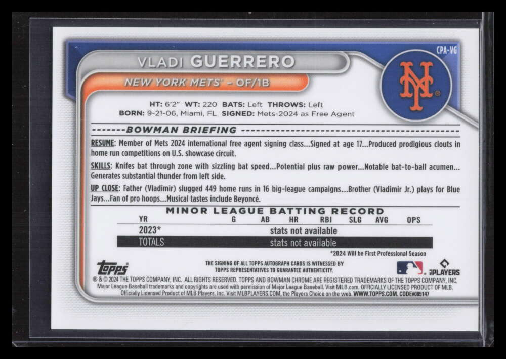 2024 Bowman Chrome Autographs Purple Refractor Vladi Guerrero Rookie Auto /250