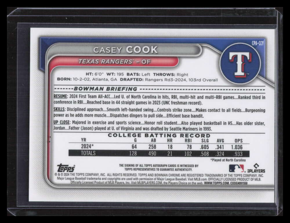 SOLD 159204 2024 Bowman Chrome Draft Autographs Gold Wave Refractor Casey Cook RC Auto 10/50