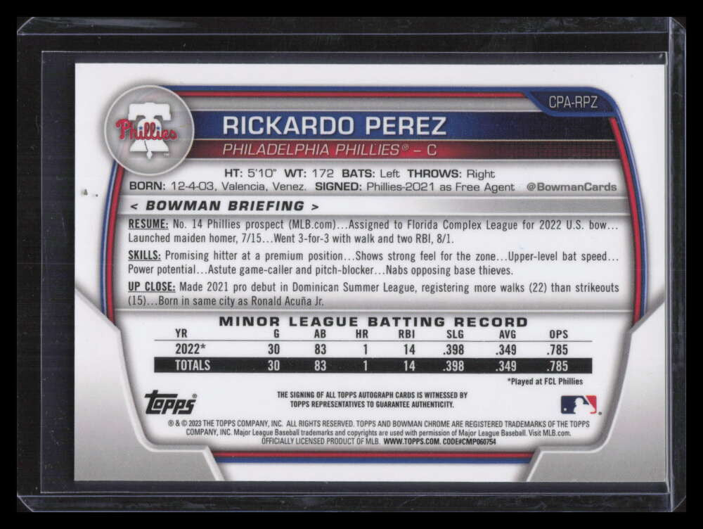 2023 Bowman Chrome Autographs Gold Shimmer Refractor Rickardo Perez RC Auto /50