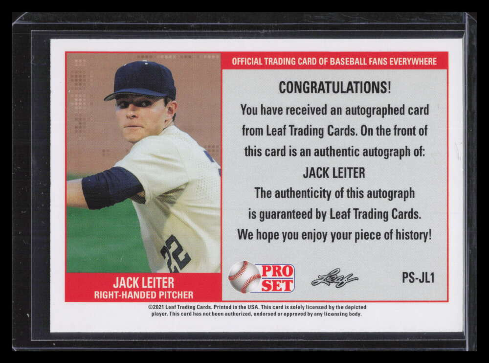 2021 Leaf Pro Set Autographs Green psjl1 Jack Leiter Rookie Auto