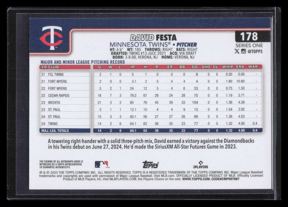 DELETE 159263 2025 Topps Flagship Real One Autographs 178 David Festa Rookie Auto