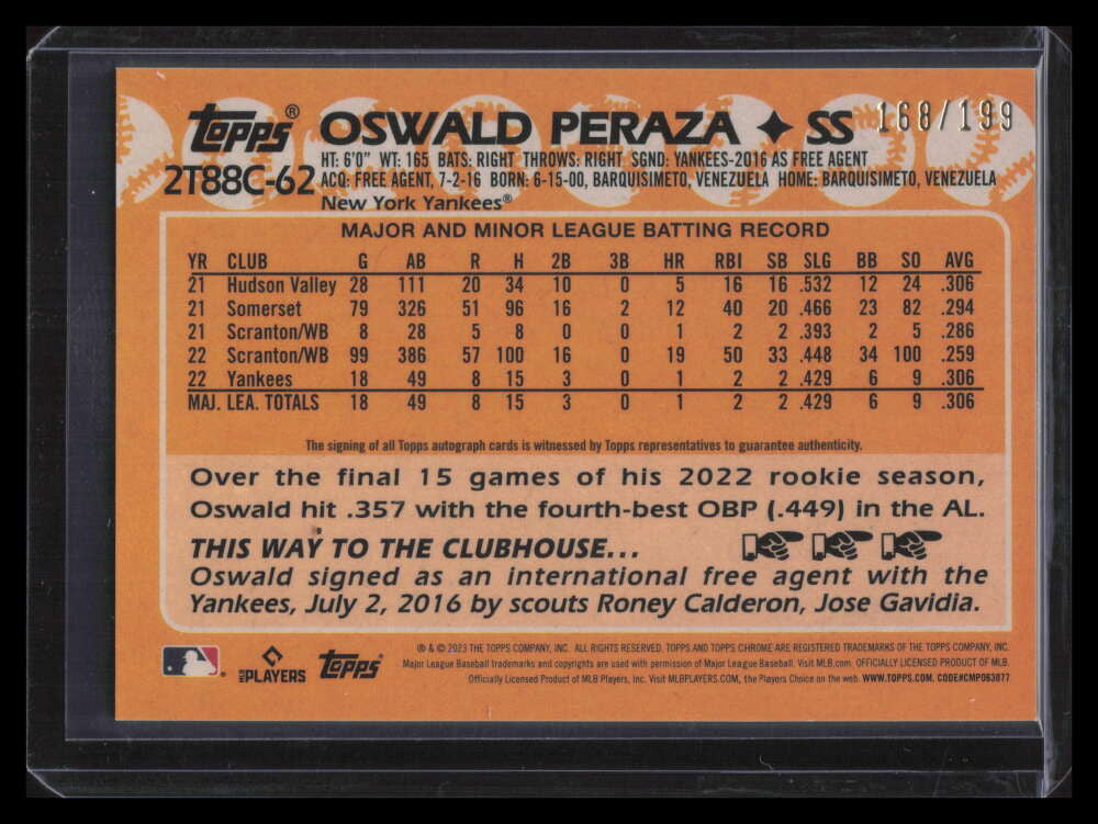 2023 Topps '88 Silver Pack Chrome Autographs Oswald Peraza Rookie Auto 168/199