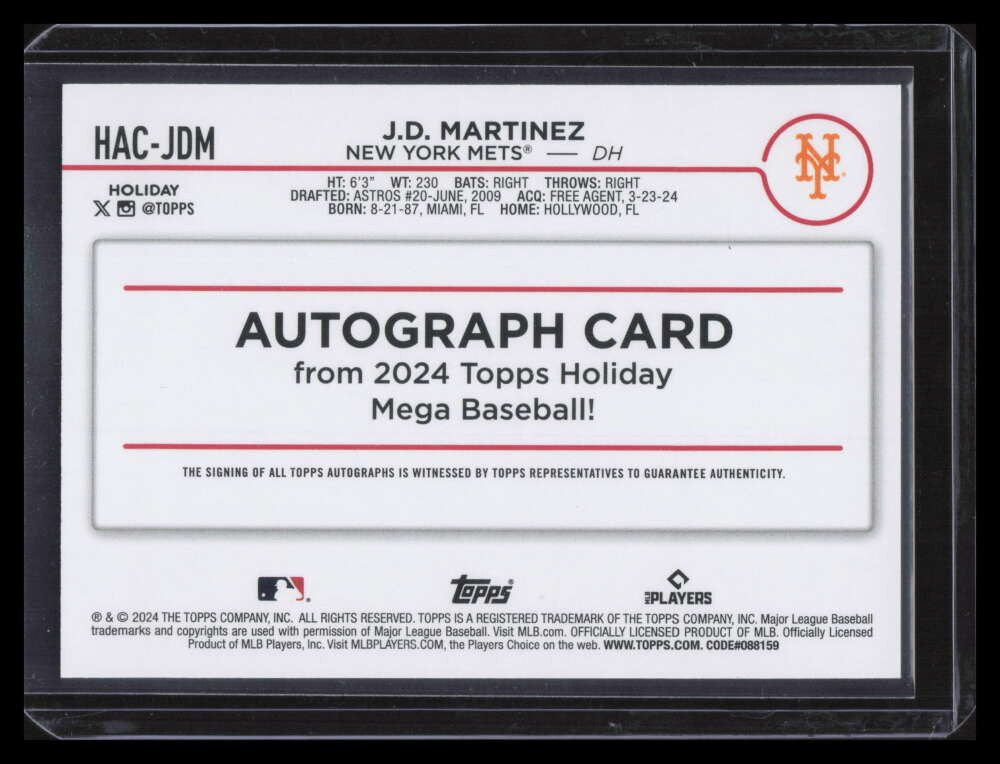 2024 Topps Holiday Autographs HACJDM J. D. Martinez Auto