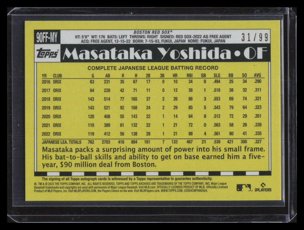 2023 Topps Archives Fan Favorites Autographs Green Masataka Yoshida RC Auto /99