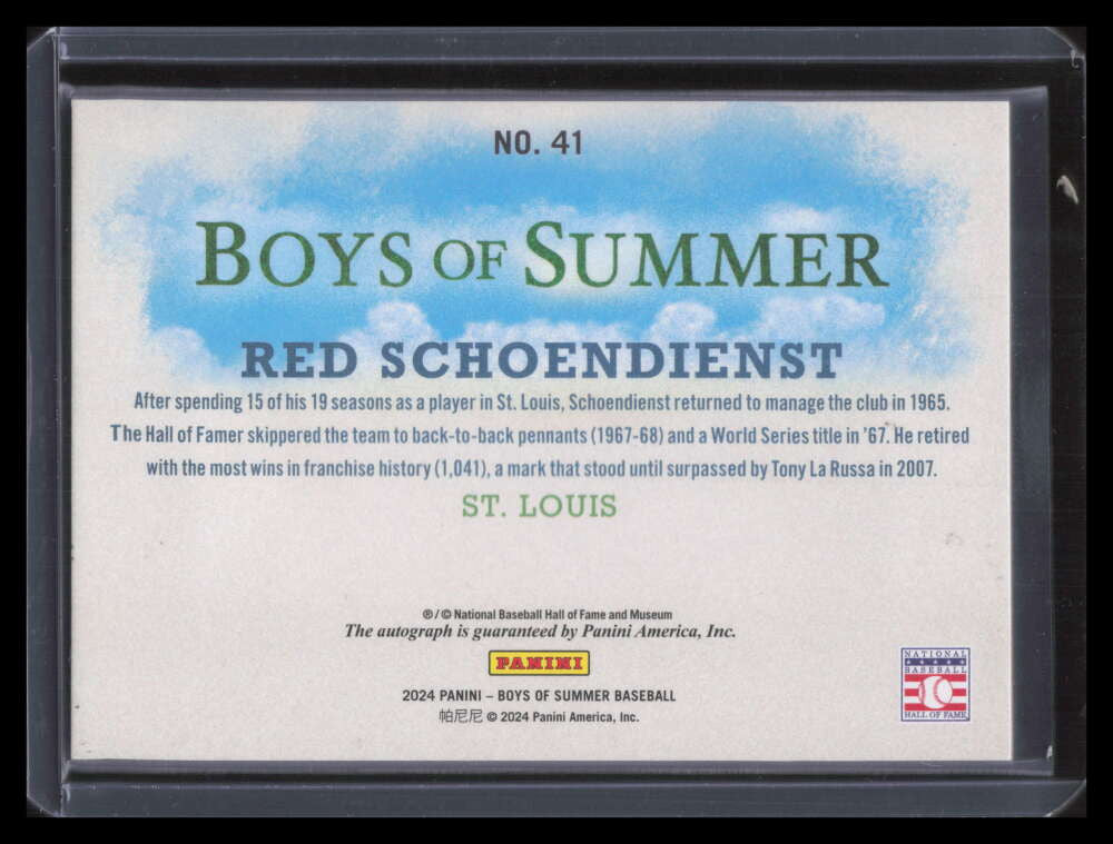 SOLD 159310 2024 Panini Boys of Summer Fabric of the Game Leather Red Schoendienst Auto 7/8