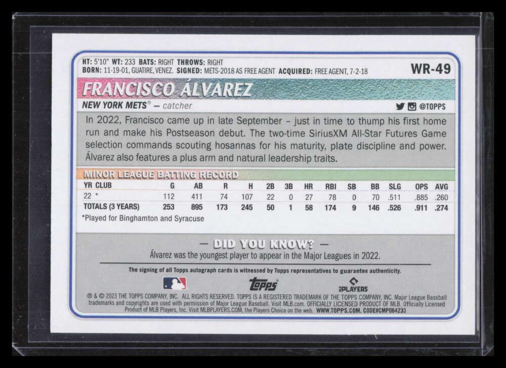 2023 Topps Big League Redemption Autographs Gold Francisco Alvarez RC Auto 41/50