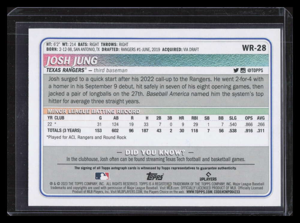 2023 Topps Big League Redemption Autographs Gold Josh Jung Rookie Auto 10/50
