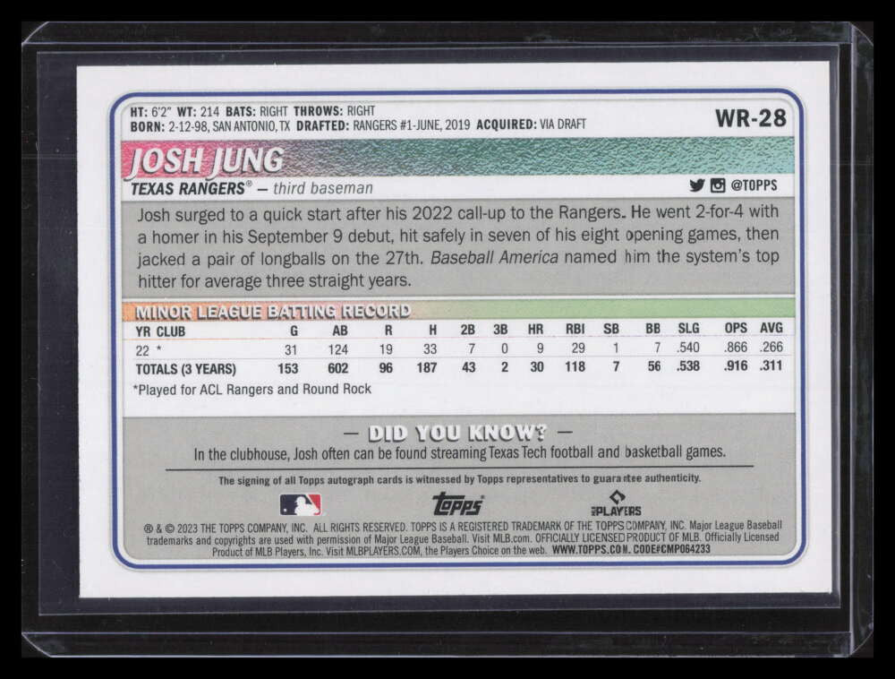2023 Topps Big League Redemption Autographs Orange Josh Jung Rookie Auto 3/25