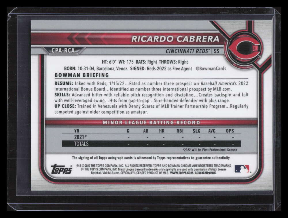 2022 Bowman Chrome Autographs Orange Wave Refractor Ricardo Cabrera RC Auto 8/25