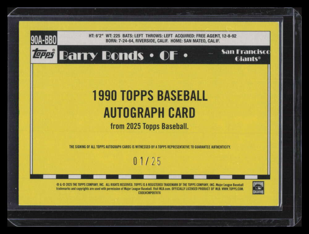 2025 Topps '90 Topps Autographs Orange 90abbo Barry Bonds Auto 1/25 Giants