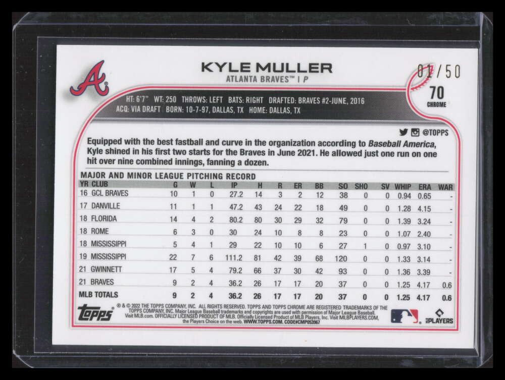 2022 Topps Chrome Gold Wave Refractor 70 Kyle Muller 1/50