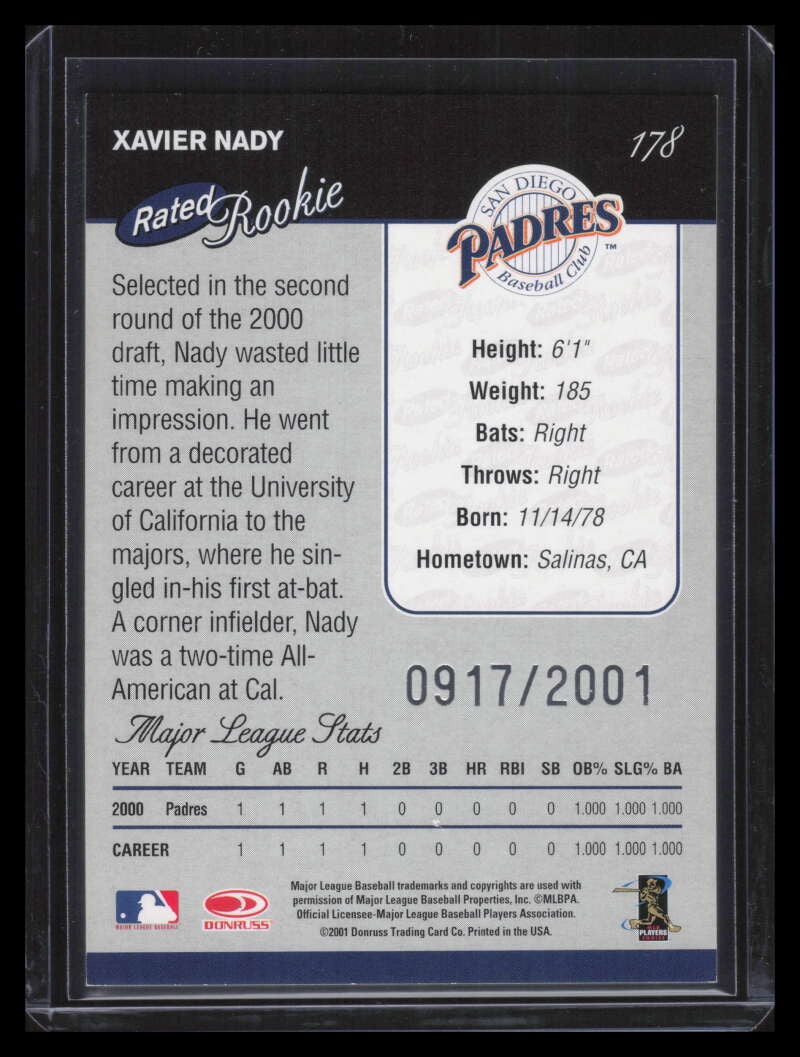 2001 Donruss 178 Xavier Nady RR Rated Rookie 917/2001
