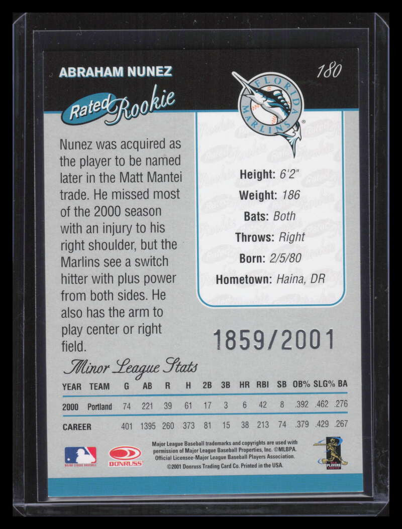 2001 Donruss 180 Abraham Nunez RR Rated Rookie 1859/2001