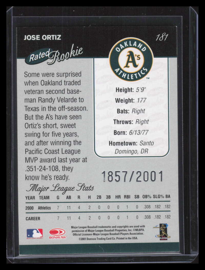 2001 Donruss 181 Jose Ortiz RR Rated Rookie 1857/2001