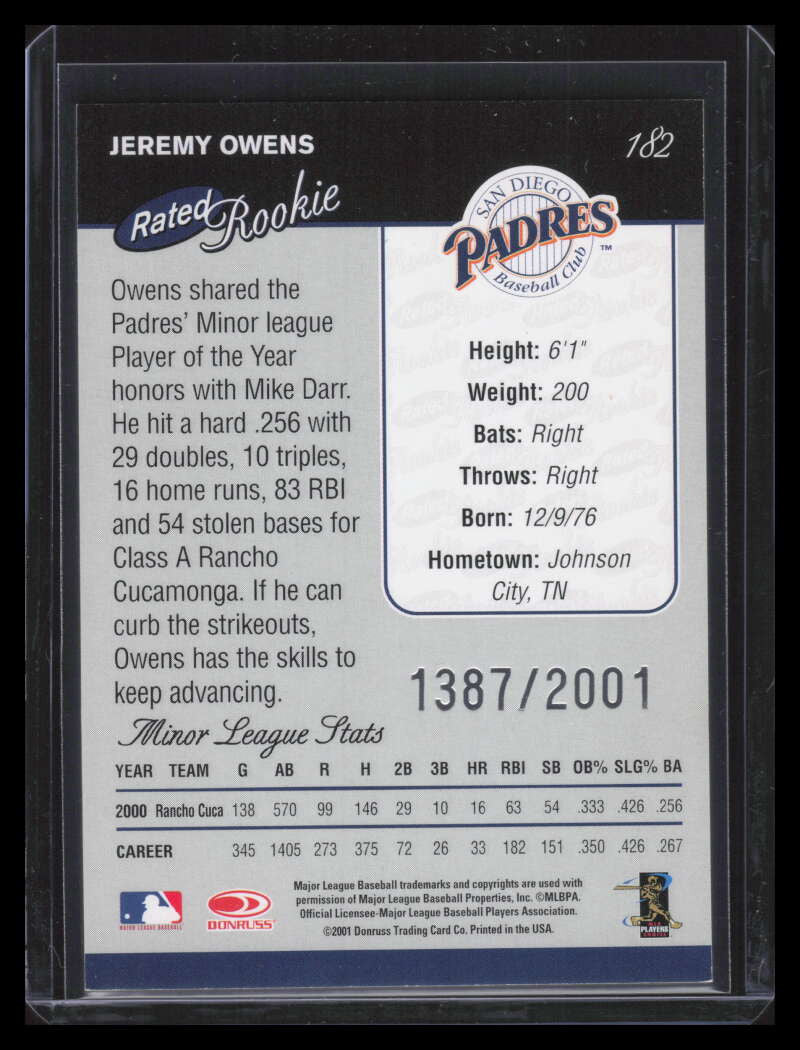 2001 Donruss 182 Jeremy Owens RR Rated Rookie 1387/2001